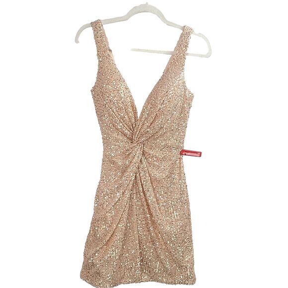New MAC DUGGAL Rose/Gold Front Twist Plunging Sequined Mini Dress Wm's (4) $278 - Picture 5 of 13